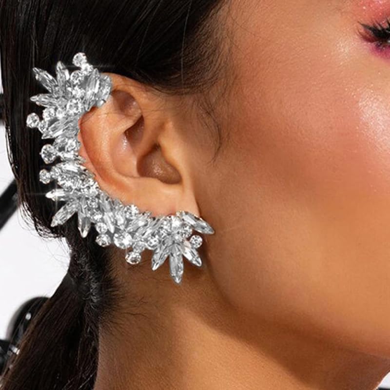 STONEFANS Rhinestone Silver Full Ear Cuff Earrings for Women Ear Clip Wrap Statement Climber Crawler Earrings for Women Hypoallergenic Silver Wedding Jewelry Gifts - Image 1